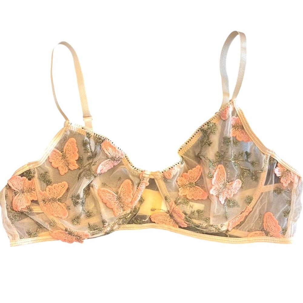 Shein Pink Sheer Mesh Bra XL Butterfly Embroidered Coquette Dainty Whimsigoth